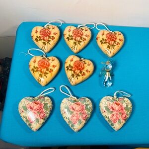 Paper Mache Floral Heart Holiday Ornaments Set